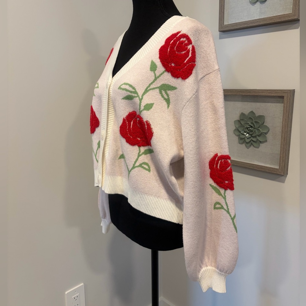 Soho & Stella Pink & Red Rose Embroidered Button Front Cardigan NWT! - Picture 2 of 9